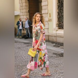 Katie Kime Grecko Garden Maxi Dress Collared Henley A-line Cotton Poplin Medium